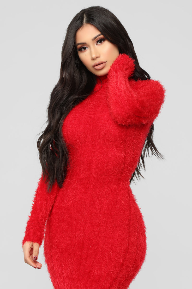 Feel Me Up Fuzzy Sweater Dress - Red ...